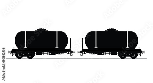 Two black tank railcars with cylindrical containers are shown in profile