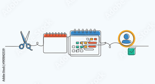 Vector workflow illustration with scissors, notebook, and user profile icon, for business or productivity mockup, isolated on transparent background, png