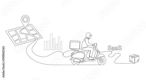 Delivery rider with scooter, map, and package, line art vector illustration for logistics or transportation concept, isolated on transparent background, png