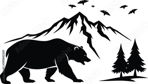 A walking bear silhouette in a mountain landscape with tall pine trees and flying birds