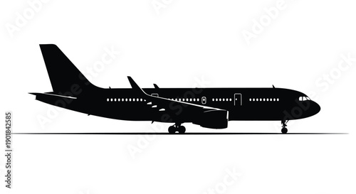 Silhouetted airplane on a white background side view of a commercial jet