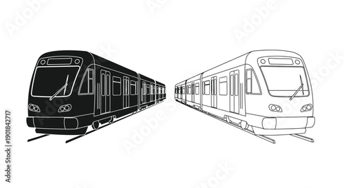 Two outline illustrations of a modern passenger train on railway tracks