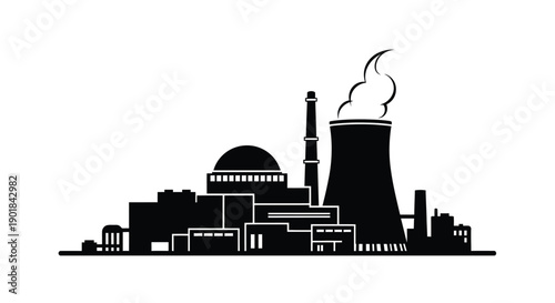Silhouette of an industrial complex with a cooling tower and dome