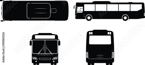 City bus silhouette blueprint set showing front side back and top view for public transportation vehicle design and transit engineering.