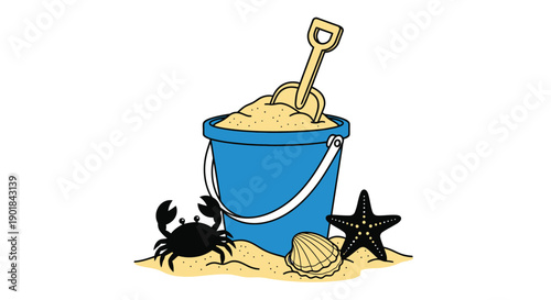 A blue bucket filled with sand a shovel and beach elements