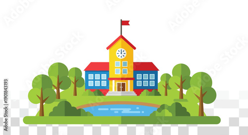 Colorful illustration of a school building with surrounding trees and a pond