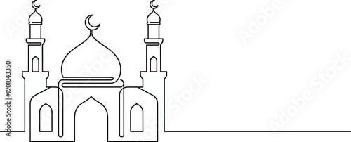 Mosque vector illustration, black line drawing of Islamic architecture with dome, crescent, and minarets for cultural and religious design
