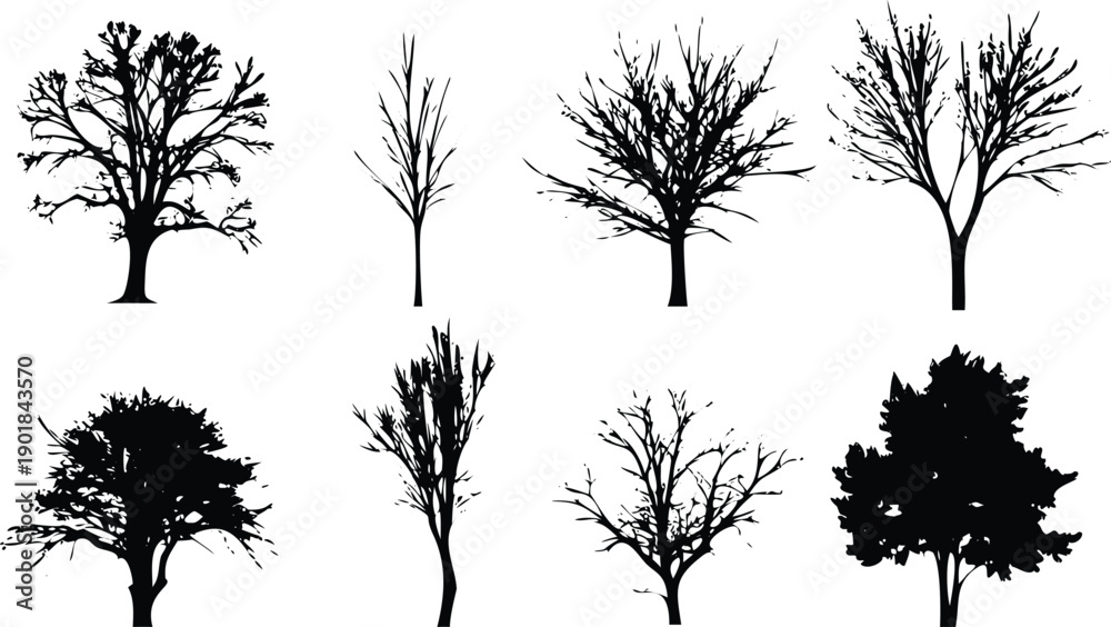 Obraz premium Collection of black tree silhouettes with varying branch structures on a clean white background