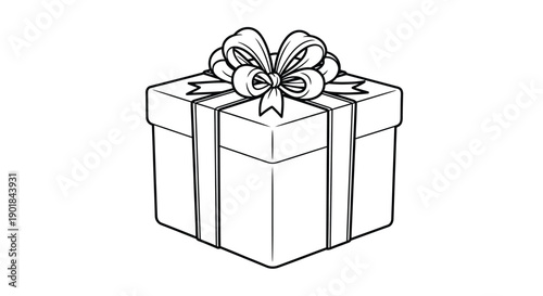A black and white illustration of a gift box with a decorative bow
