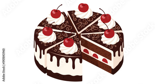 A delicious black forest cake with cherries and whipped cream partially sliced