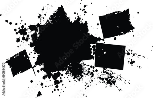 Dynamic black grunge splatter with many ink droplets and four scattered square elements