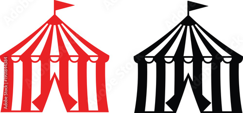 Circus tent vector illustration set, colorful and black striped tents with flags for entertainment, event, and vintage design