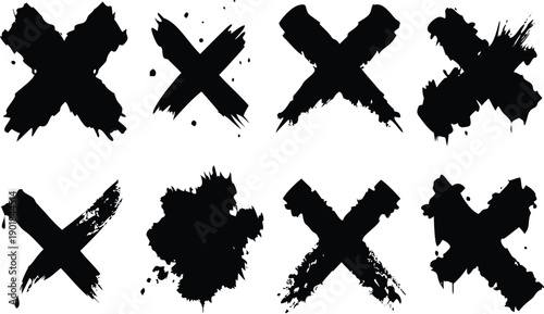 Eight bold black grunge X marks and splashes display raw energetic hand painted textures