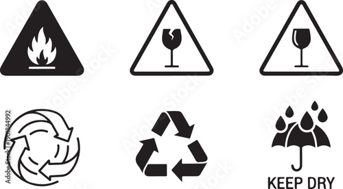 Symbols representing various warnings, instructions, and recycling information