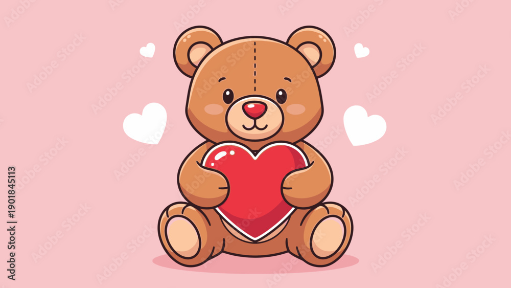 Obraz premium Cute Teddy Bear Holding Red Heart, Valentine's Day Illustration, Love Symbol