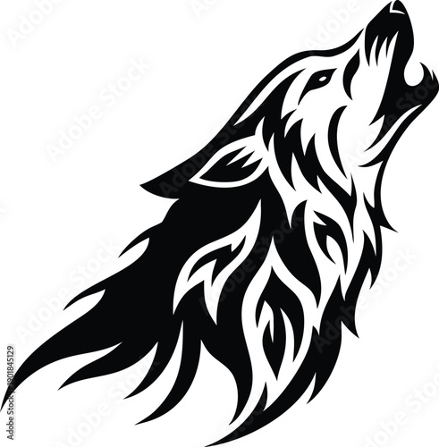 Expressive stylized black wolf head howling loudly with unique flowing tribal marks