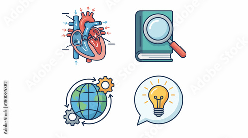 Education, Science, and Business Concept Icons Set: Heart Anatomy, Research Book, Global System Gears, and Lightbulb Idea Flat Vector Collection