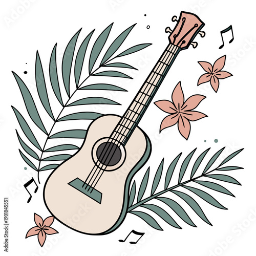 A beautifully illustrated guitar surrounded by autumn leaves and musical notes Vector