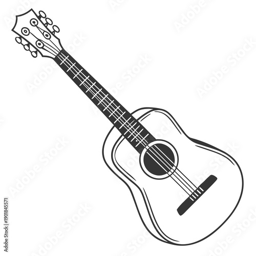 A detailed illustration of an acoustic guitar with a round sound hole and sloping shoulders Vector