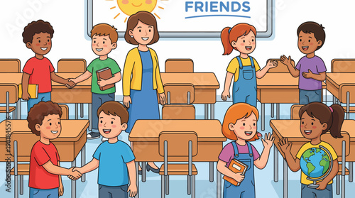 Diverse Elementary School Students Shaking Hands and Greeting Teacher in Classroom. Back to School Friendship Concept Illustration.