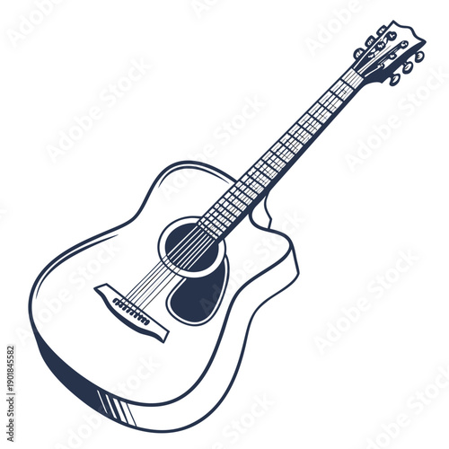 A detailed illustration of a classic acoustic guitar with a wooden body and six strings. Vector