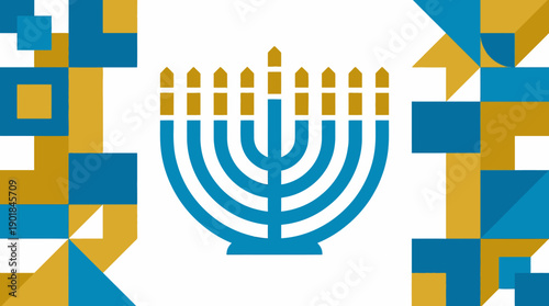 Modern Geometric Hanukkah Menorah Design. Abstract Blue and Gold Art for Jewish Festival, Light of Hope and Celebration Background.