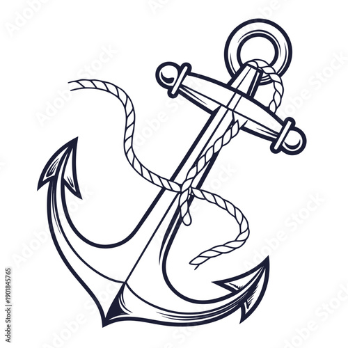 A detailed illustration of a black and white anchor with a rope wrapped around it. Vector