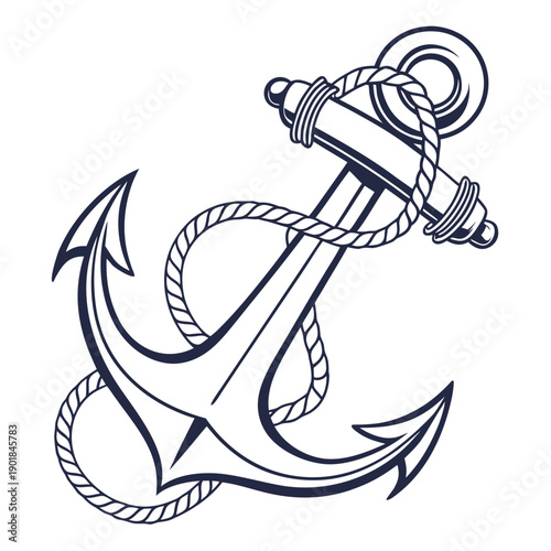 Intricate black and white illustration of an anchor with a starfish Vector
