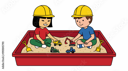 Children Playing Construction in Sandbox Wearing Hard Hats. Diverse Kids Illustration with Toys, Early Education and Engineering Concept.