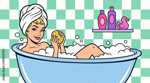 Retro Pop Art Woman Relaxing in Bubble Bath with Towel and Sponge. Vintage Comic Book Style Beauty Routine and Self-Care Illustration.