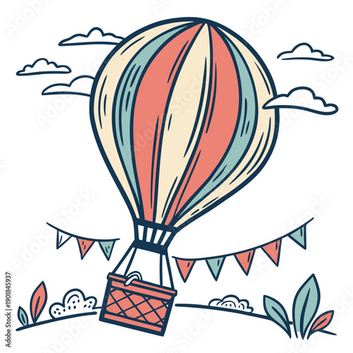 A whimsical hot air balloon carrying a small house soars through a sky filled with fluffy clouds Vector