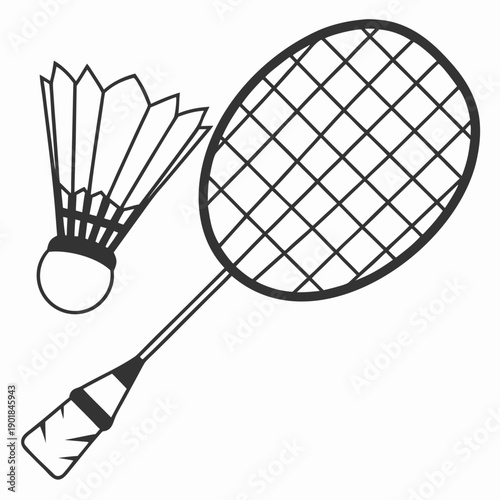 A collection of badminton equipment including a racket, shuttlecocks, and a wristband. Vector