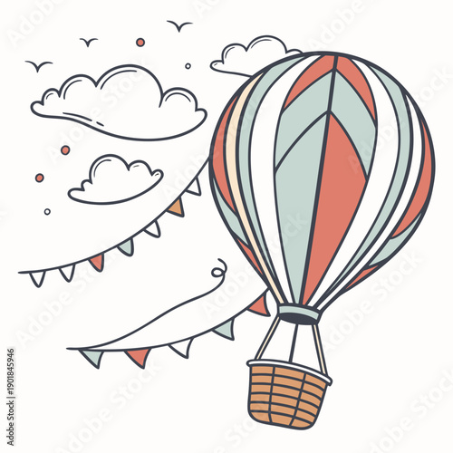 A whimsical hot air balloon with a basket and colorful streamers floating in a sky with clouds. Vector