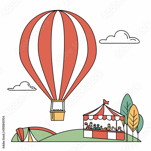 A vibrant hot air balloon soaring over a picturesque countryside landscape Vector