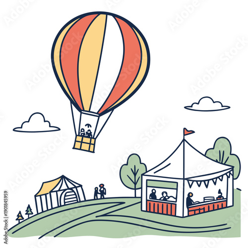 A vibrant hot air balloon festival with colorful balloons and tents in a scenic landscape Vector