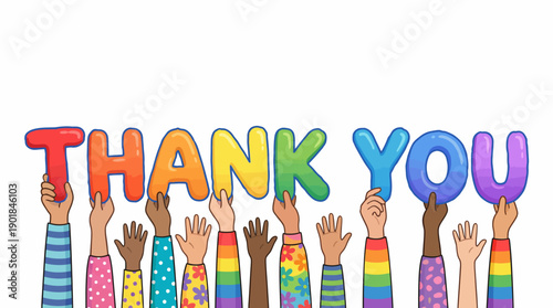 Thank You Message: Diverse Hands Holding Rainbow Letters Against White Background. Appreciation, Community, and Gratitude Cartoon Illustration.
