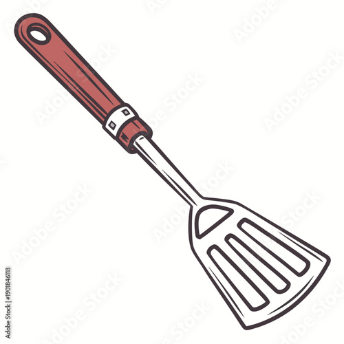 A red-handled spatula with a stainless steel head used for flipping food. Vector