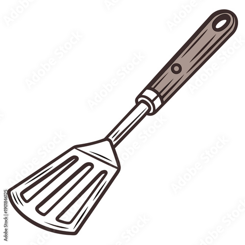 A close-up view of a spatula with a wooden handle and a metal head. Vector