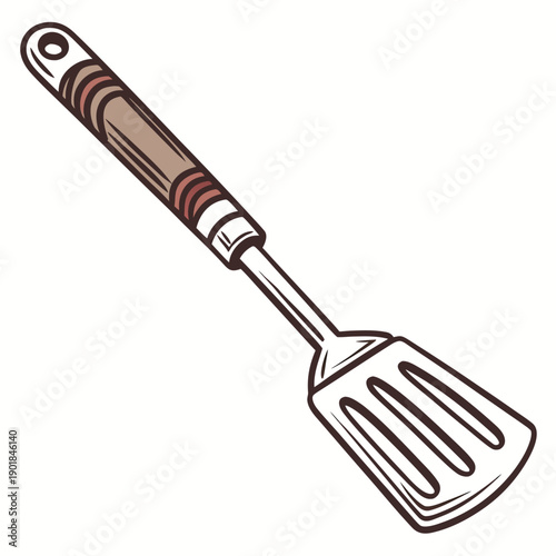 A wooden handle spatula with a metallic head and slotted edge for flipping food. Vector