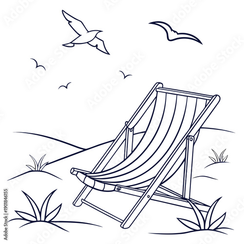 A serene beach scene with a deck chair and flying seagulls Vector