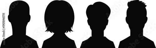 Four black outline profile silhouettes representing diverse anonymous male and female users for various applications