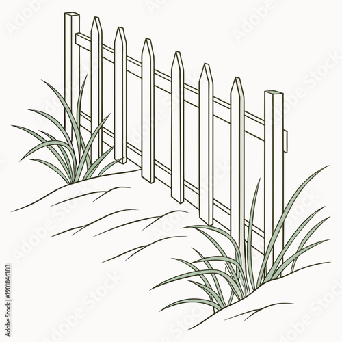 A white picket fence with overgrown weeds and grass in a garden setting Vector
