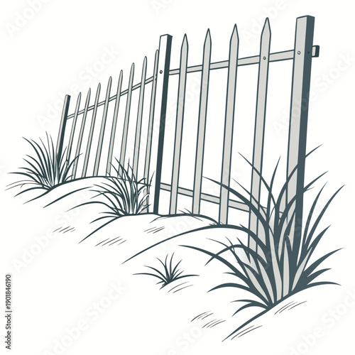 A rustic wooden fence with grass and a bird in the foreground Vector