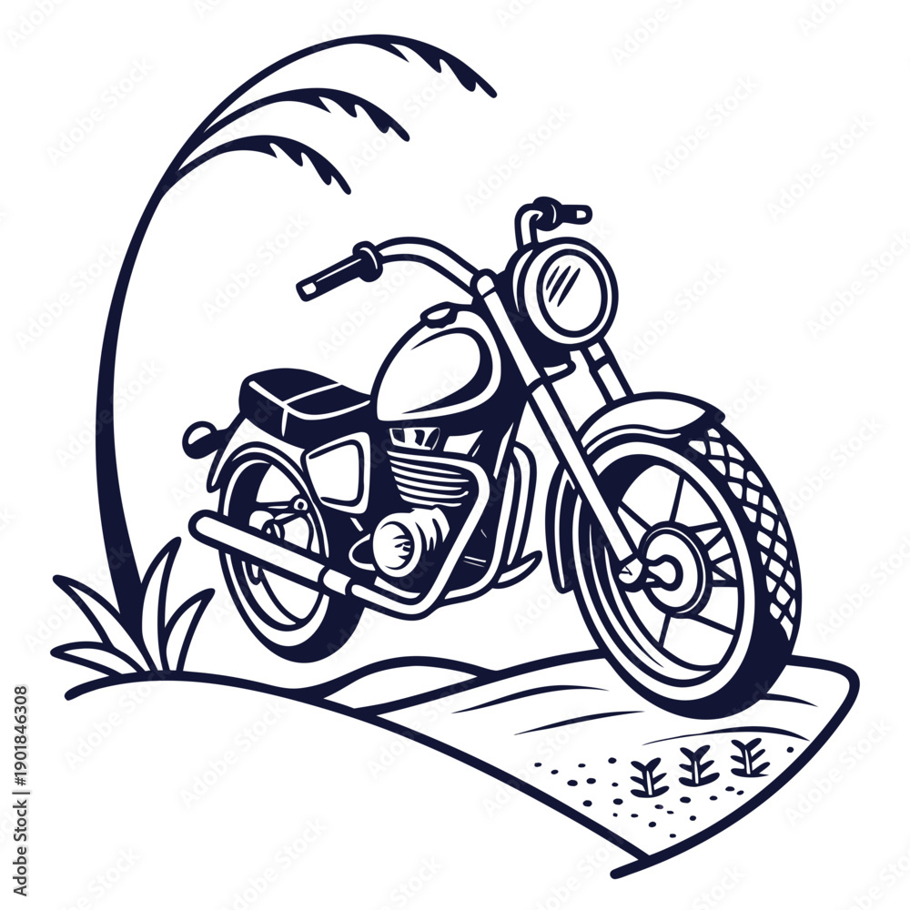 Fototapeta premium A vintage motorcycle parked on a wooden deck with a palm tree in the background. Vector