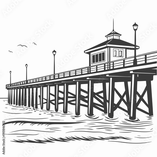 A serene pier extends into the calm waters of a tranquil bay. Vector