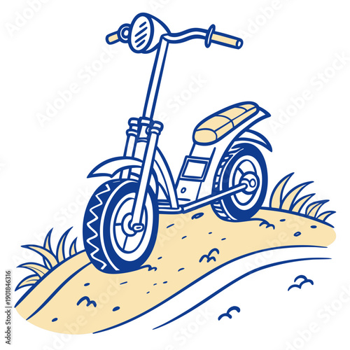 A vintage bicycle with a basket and a sidecar parked on a beach. Vector