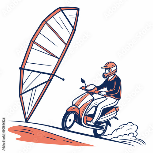 A person windsurfing on a calm body of water with a large sail and a board. Vector