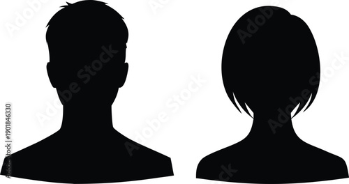 Generic black silhouettes of male and female user profiles for online identity representation
