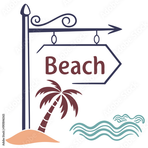 A signpost pointing towards the beach with a palm tree and ocean waves Vector