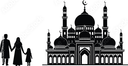 Muslim family silhouette walking to mosque for prayer, Islamic community concept with father mother and daughter, Ramadan Kareem Eid Mubarak celebration
